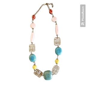 Vintage Ceramic Bead and Gold Tone Necklace Blue Pink MCM
